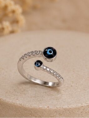 Silver Evil Eye Pavé Adjustable Open Ring